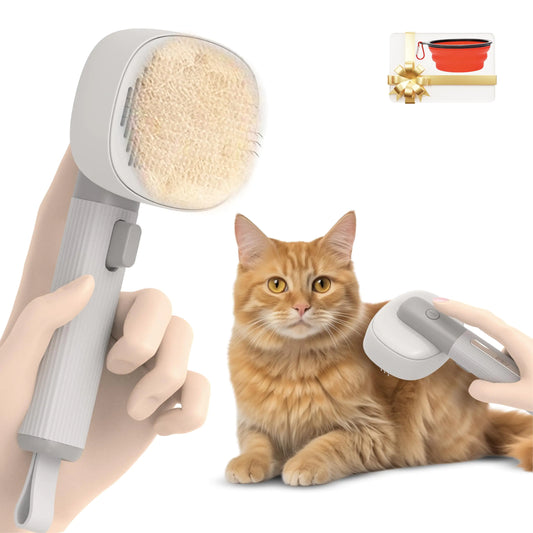 Pet Brush - Self-Cleaning Pet Cat Dog Shedding Brush - Multi-Functional Grooming Tool with Negative Ion Technology Vibrating Massager Woods Lamp (Gray) - Free Pet Bowl